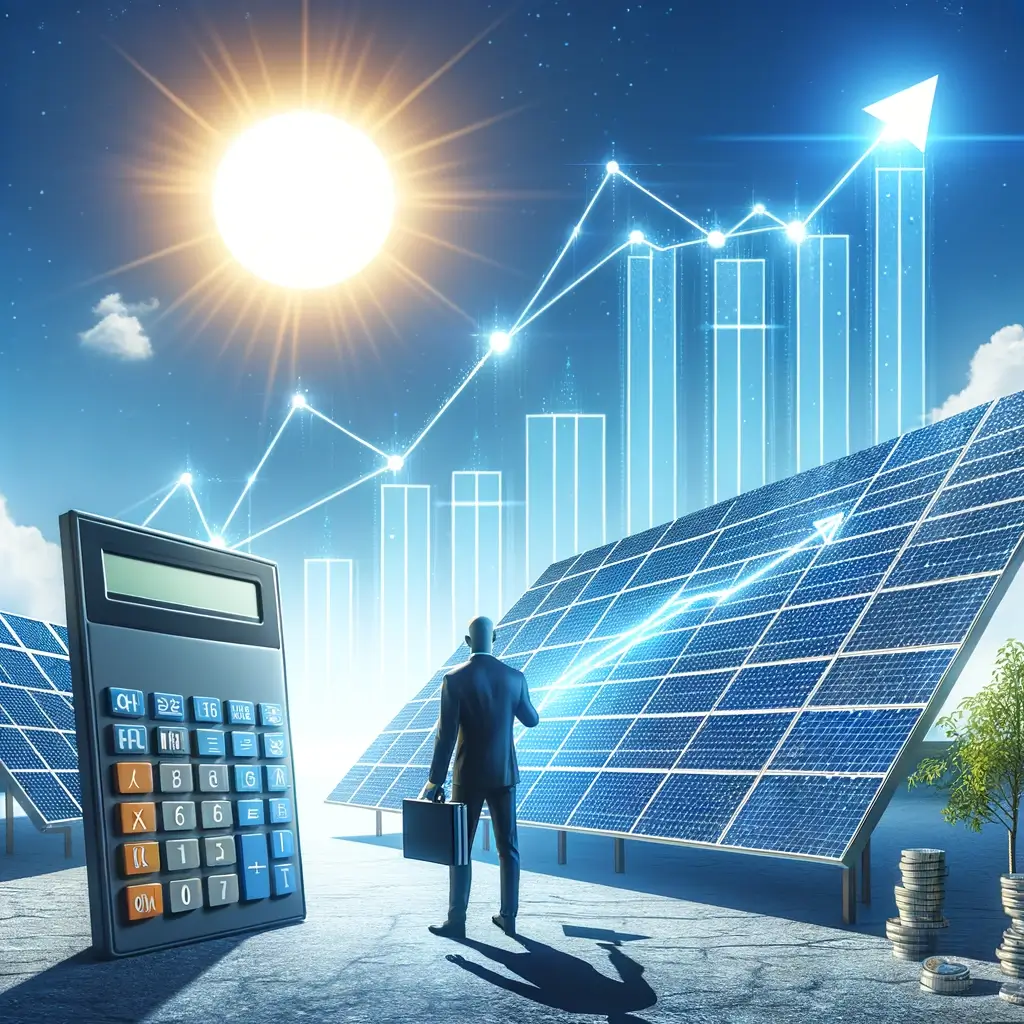 A businessman standing in front of solar panels and a calculator. In the background there are charts and an arrow going upwards illustrating the profits generated from solar panels.